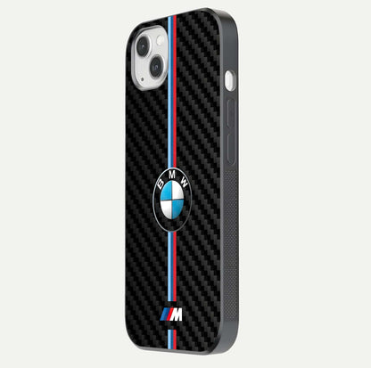 BMW Pattern Glass Case for iPhone 14 Plus side-angle image showing edge finish and luxury car-inspired shine