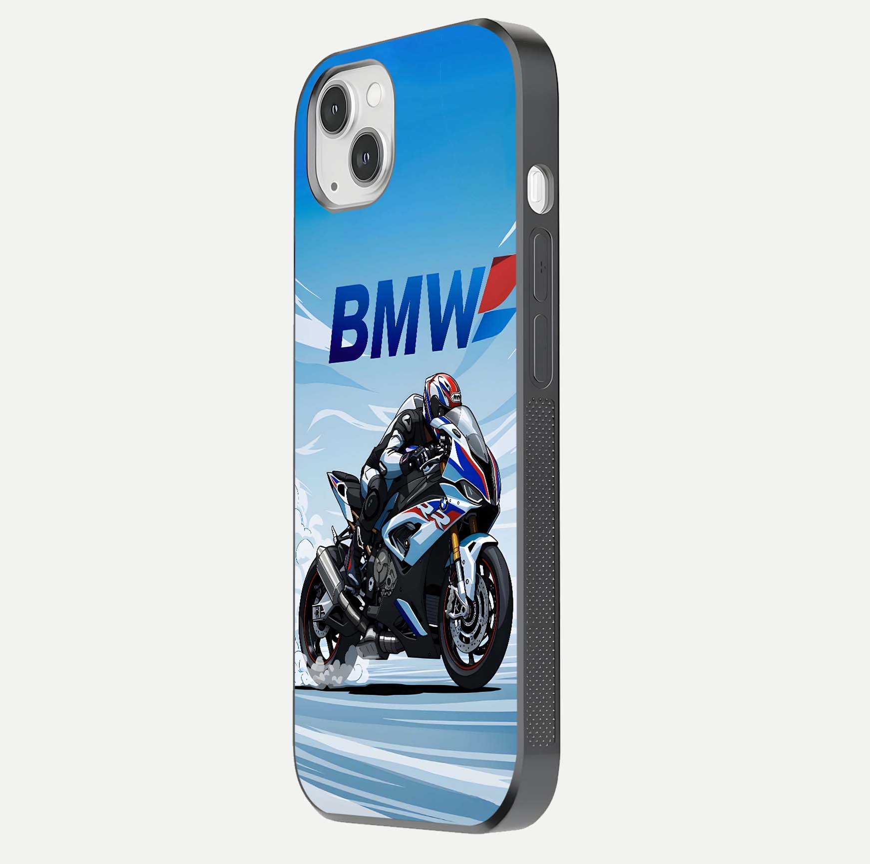 BMW Power Drift Glass Case for iPhone 14 Plus side-angle image emphasizing smooth finish and detailed design