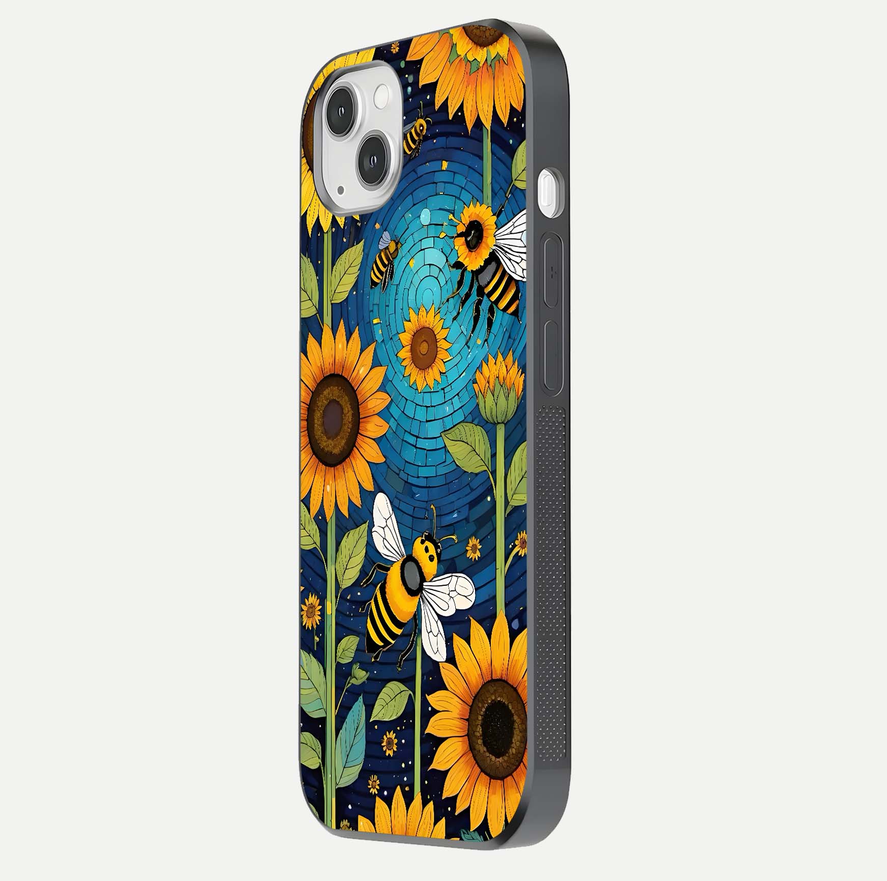 Bees & Sunflowers Glass Case for iPhone 16 Pro side-angle image showing bee pattern alignment and shiny protective surface