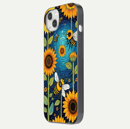 Bees & Sunflowers Glass Case for iPhone 16 Pro side-angle image showing bee pattern alignment and shiny protective surface