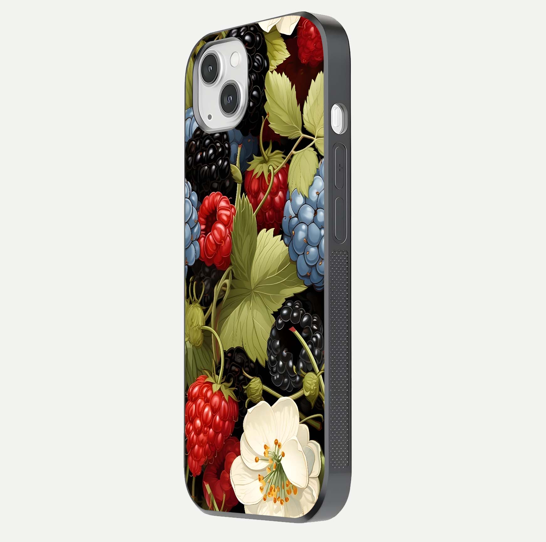 Berry Bloom Charm Glass Case for iPhone 16 Pro side-angle image showing floral texture and high-definition print gloss