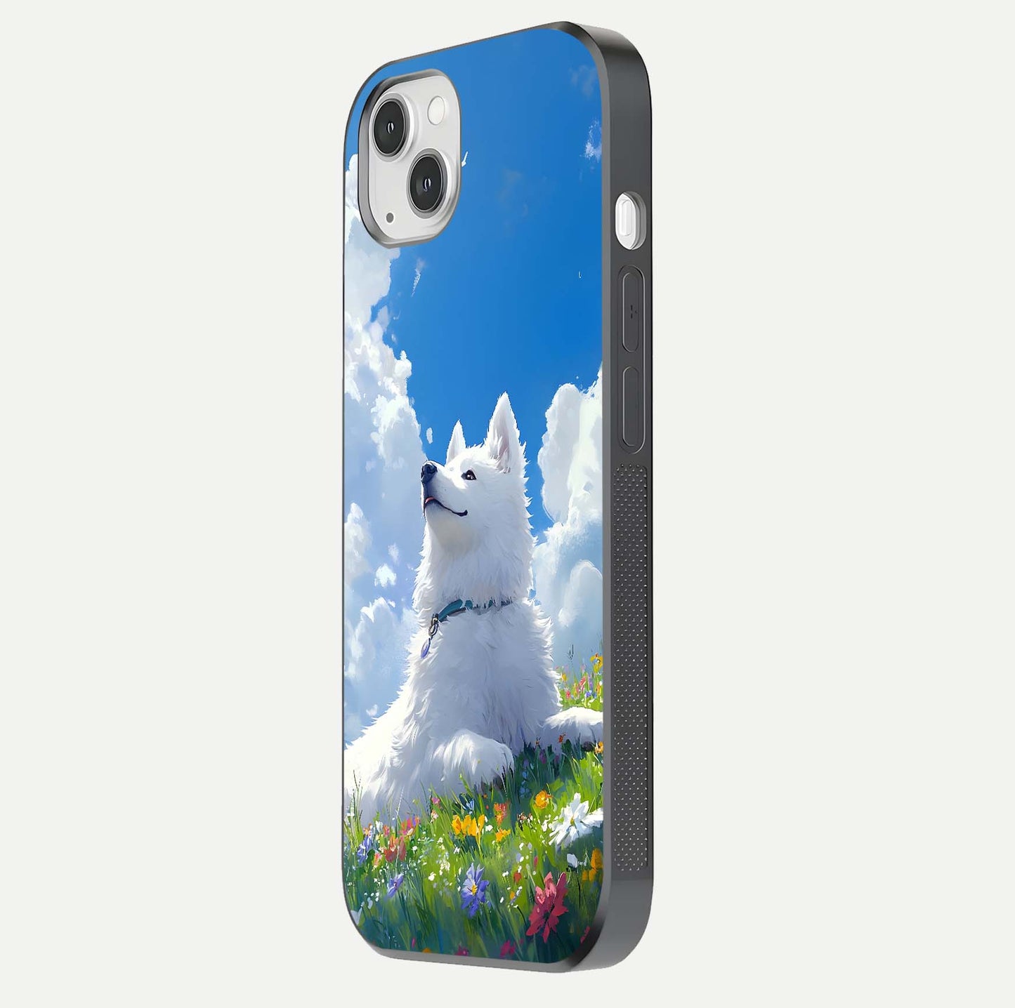 Blissful Cloud Pup Glass Case for iPhone 14 Plus side-angle shot displaying puppy print and glossy texture