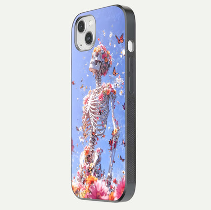 Bloom Beyond Bones Glass Case for iPhone 14 Plus side-angle image highlighting print precision and gloss finish