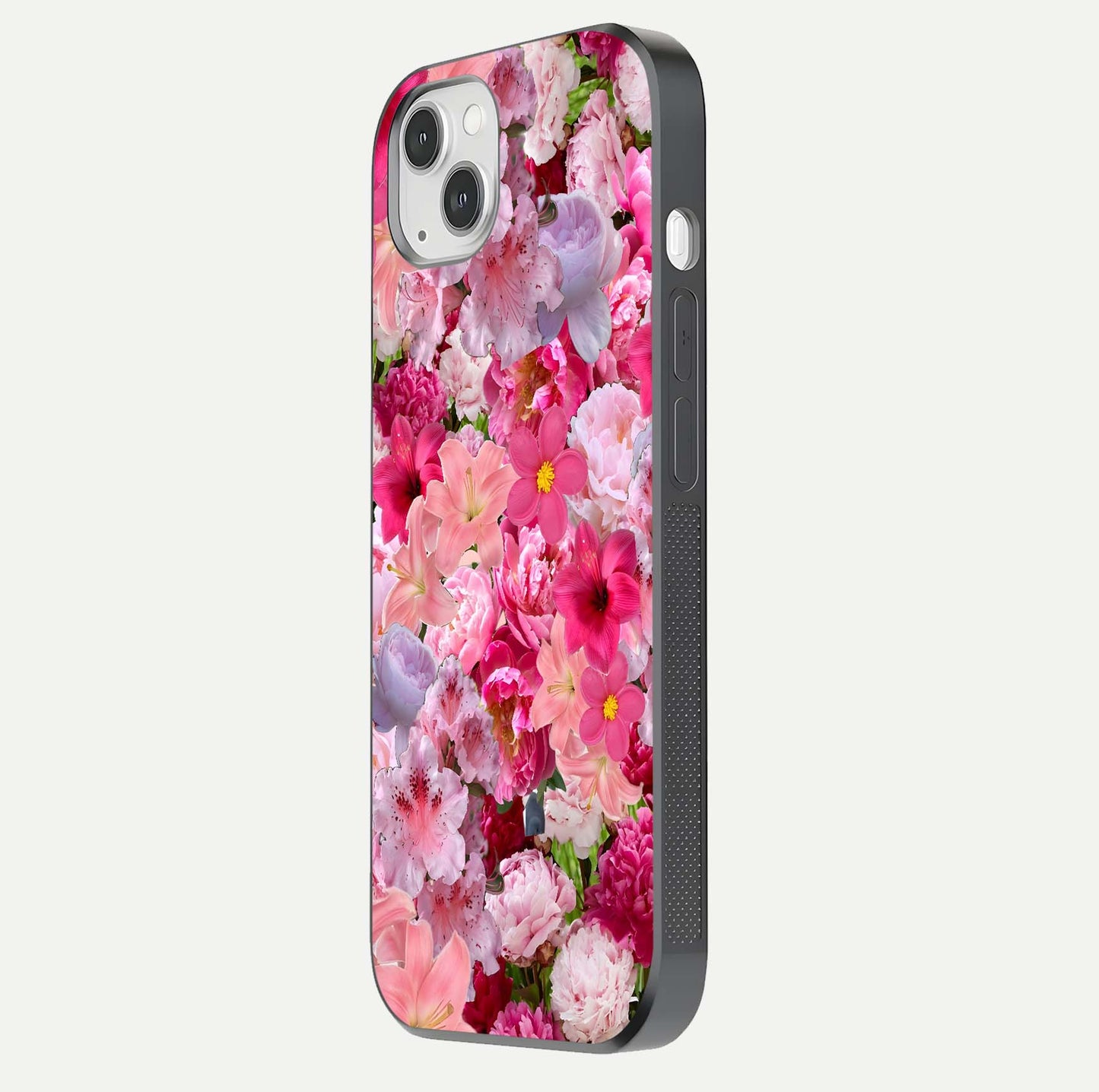 Bloom Crush Fantasy Glass Case for iPhone 16 Pro side-angle shot with fantasy bloom art and gloss surface