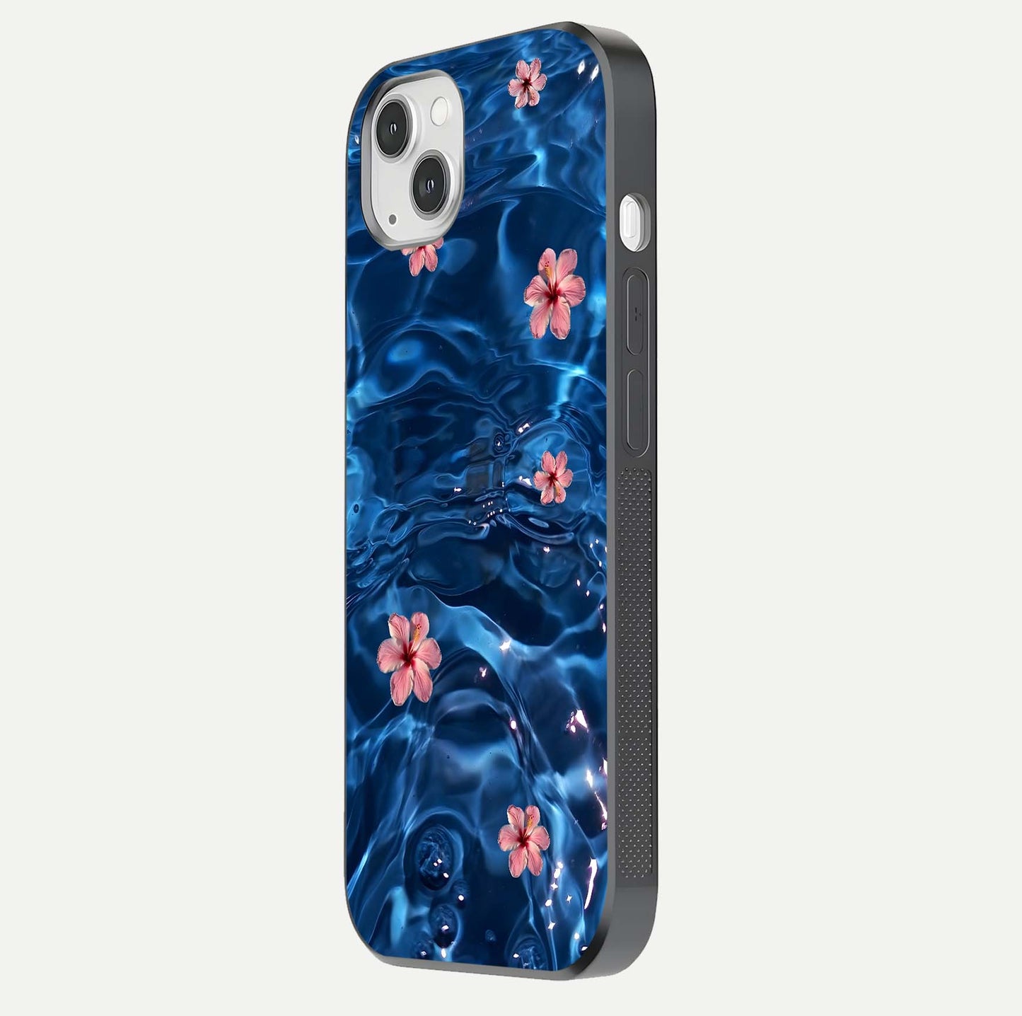 Blooming Water Drift Glass Case for iPhone 14 Plus side-angle image showcasing blossom flow, curved corners, and HD glass gloss