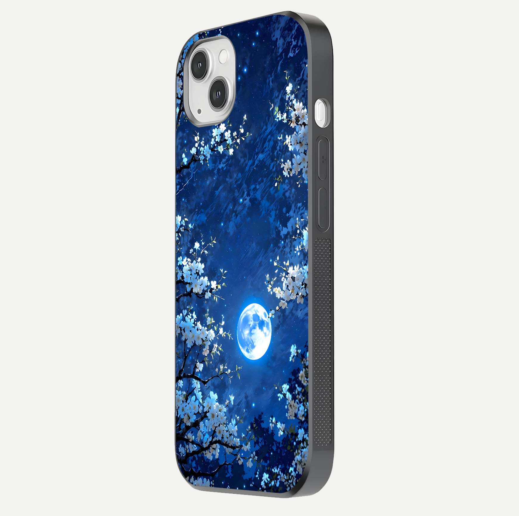 Blossom Moonlight Sky Glass Case for iPhone 16 Pro side-angle view emphasizing moonlight tones and protective edge