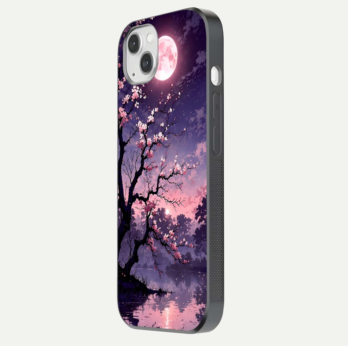 Blossom Pink Moon Glass Case for iPhone 14 Plus side-angle image showing glossy curve and floral-moon balance