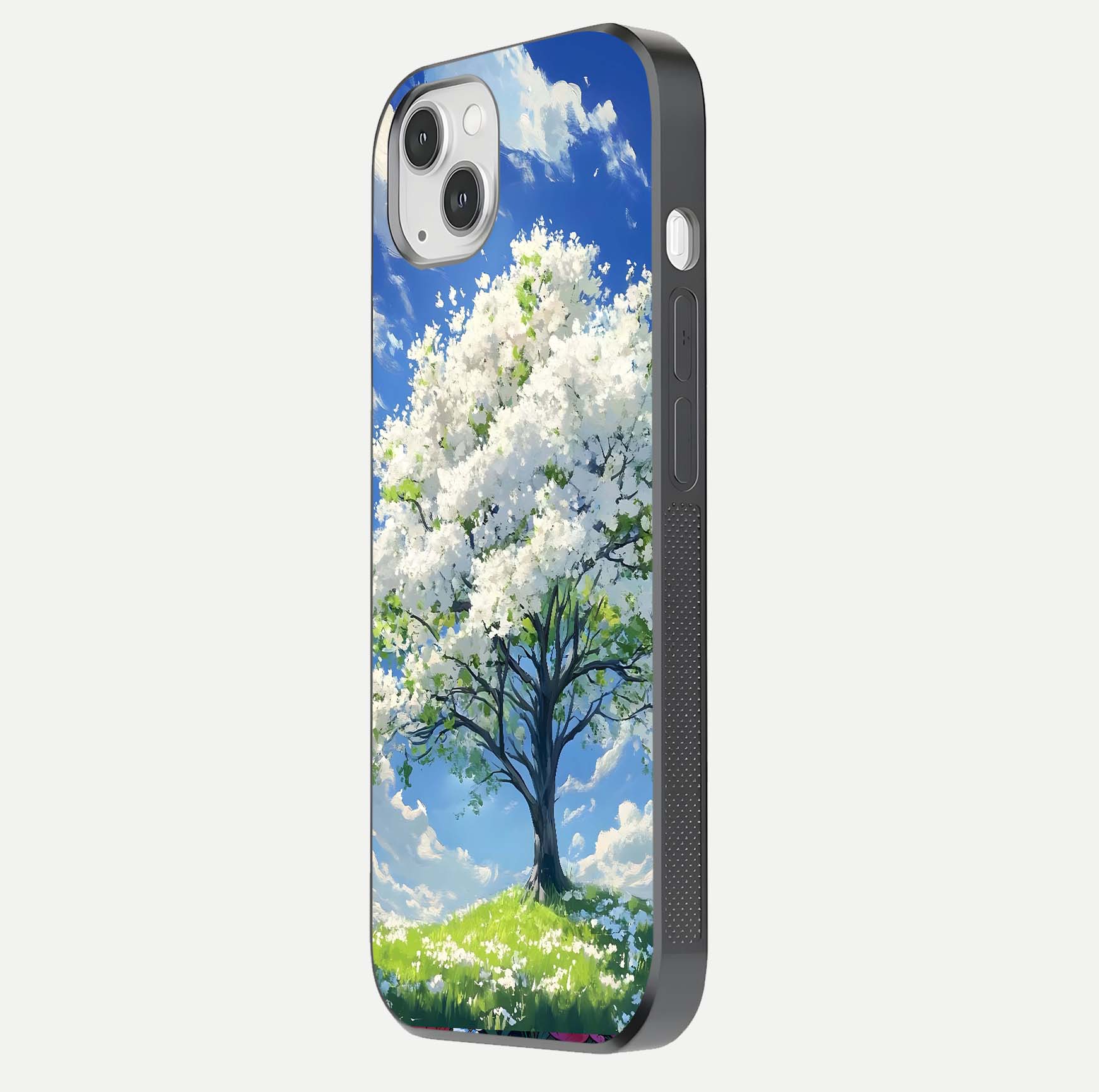 Blossom Sky Serenity Glass Case for iPhone 16 Pro side-angle image showing elegant edge flow and light reflection