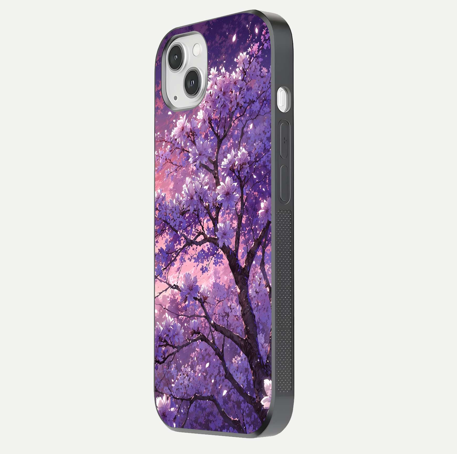 Blossom Tree Glass Case for iPhone 16 Pro side-angle image showing floral tree artwork and reflection gloss