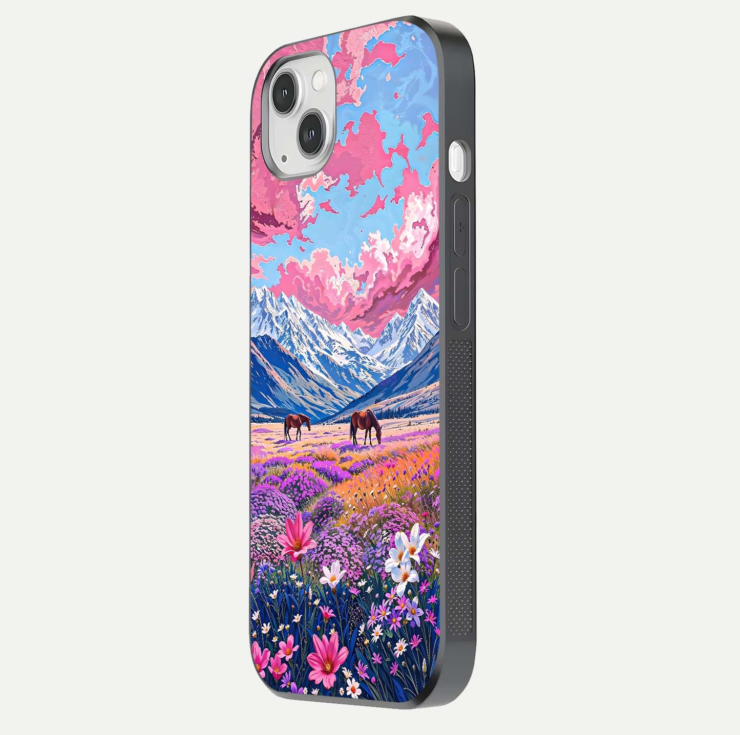 Blossom Valley Dream Glass Case for iPhone 14 Plus side-angle shot showcasing bloom tones and gloss texture