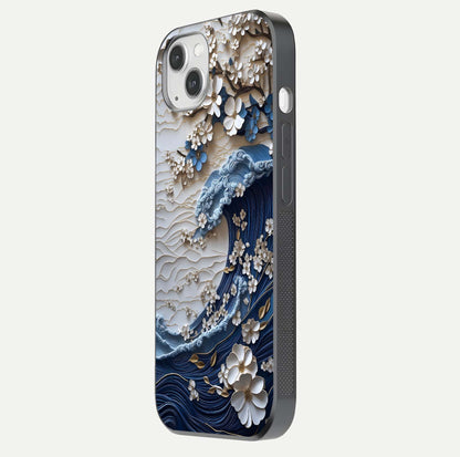 Blossom Wave Art Glass Case for iPhone 16 Pro side-angle view showing wave-flow print and gloss edge finish