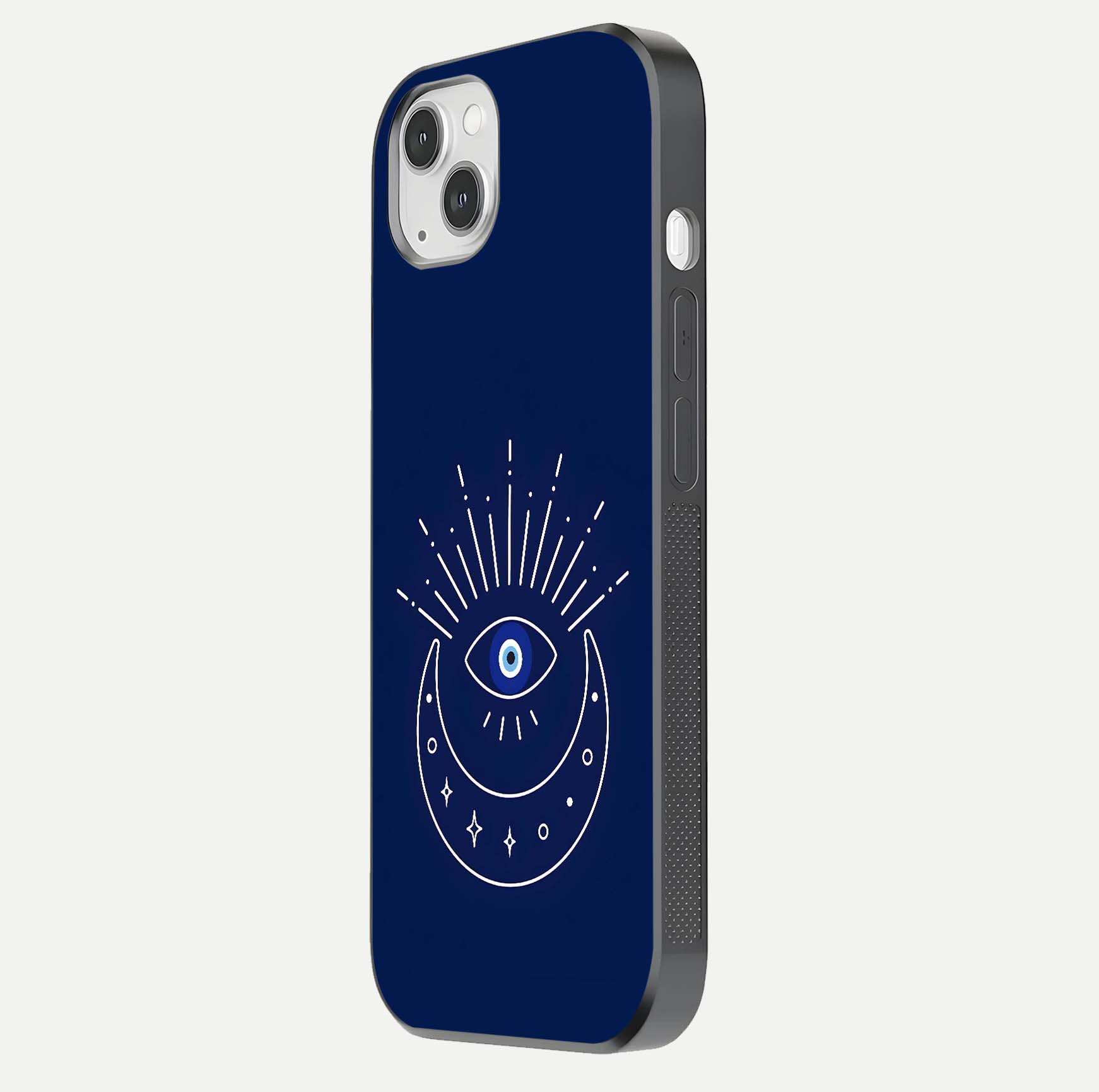 Blue Evil Eye Glass Case for iPhone 16 Pro side-angle view showing edge glow, color balance, and reflective surface