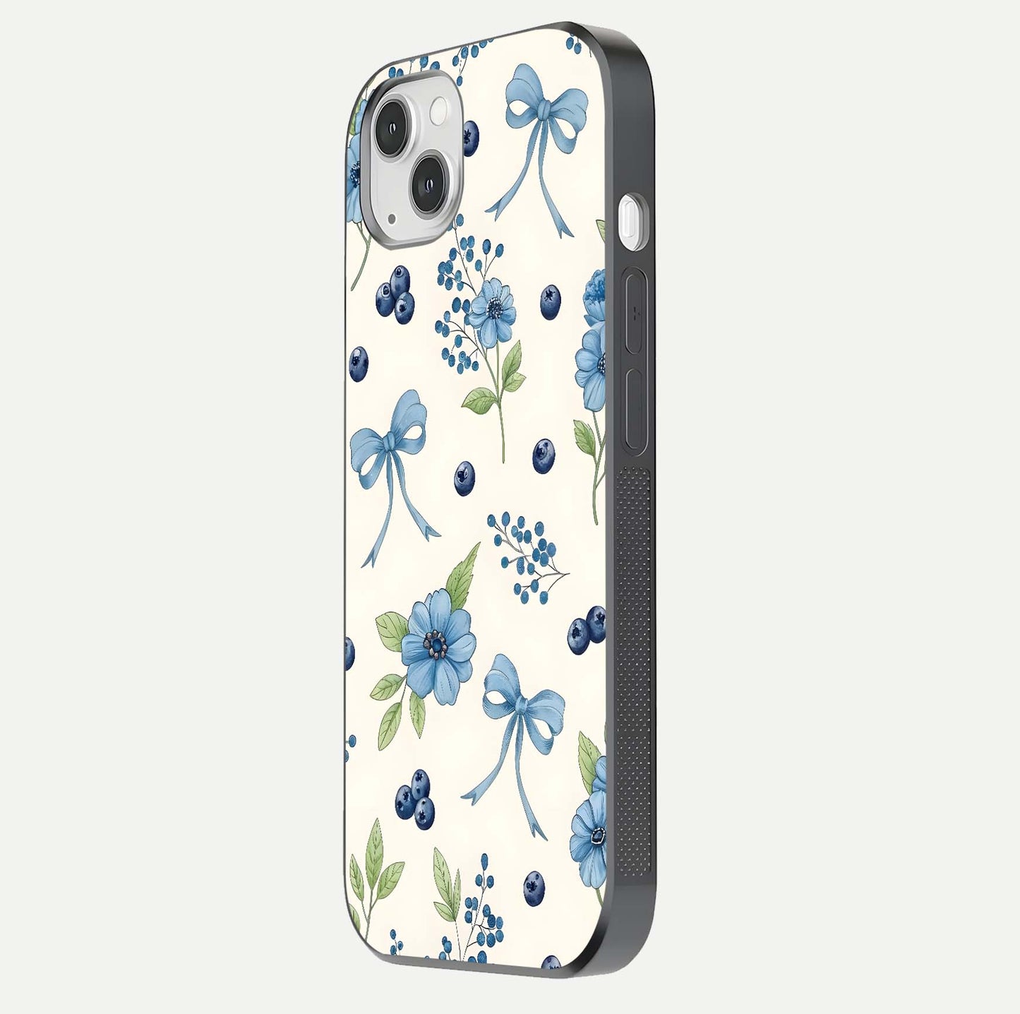 Blue Flower & Bow Glass Case for iPhone 14 Plus side-angle image showing bow-floral mix and HD finish shine