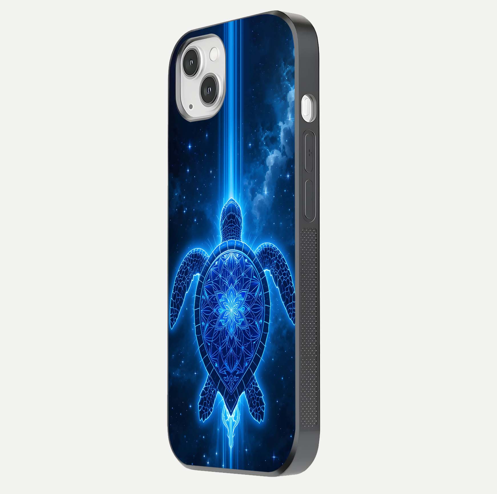 Blue Galaxy Turtle Glass Case for iPhone 14 Plus side-angle photo capturing galaxy shine and smooth edge design
