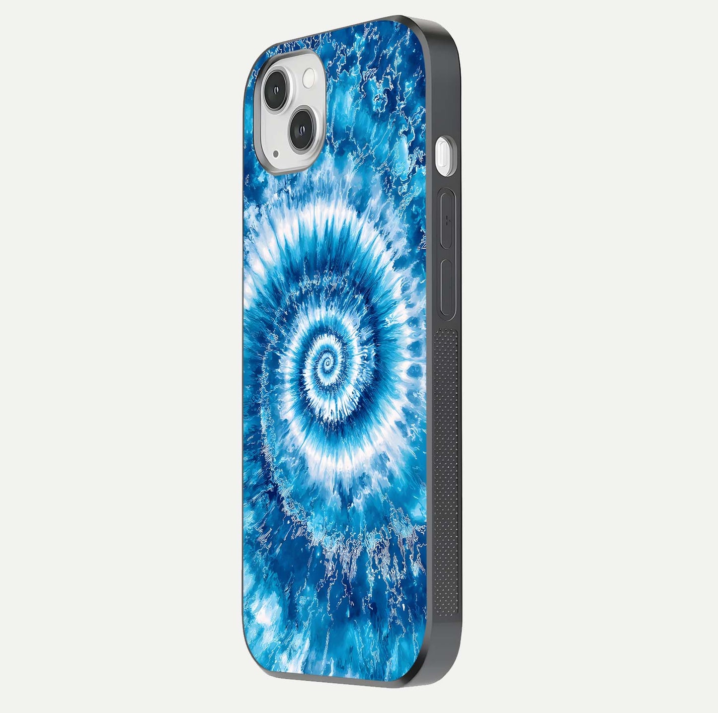 Blue Galaxy Wave Glass Case for iPhone 14 Plus side-angle image showing wave ripple art and glass gloss