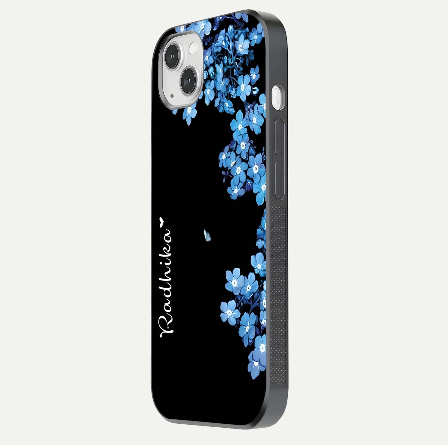 Blue Petal Dream Custom Name Glass Case for iPhone 14 Plus side-angle image showing name print clarity and smooth gloss