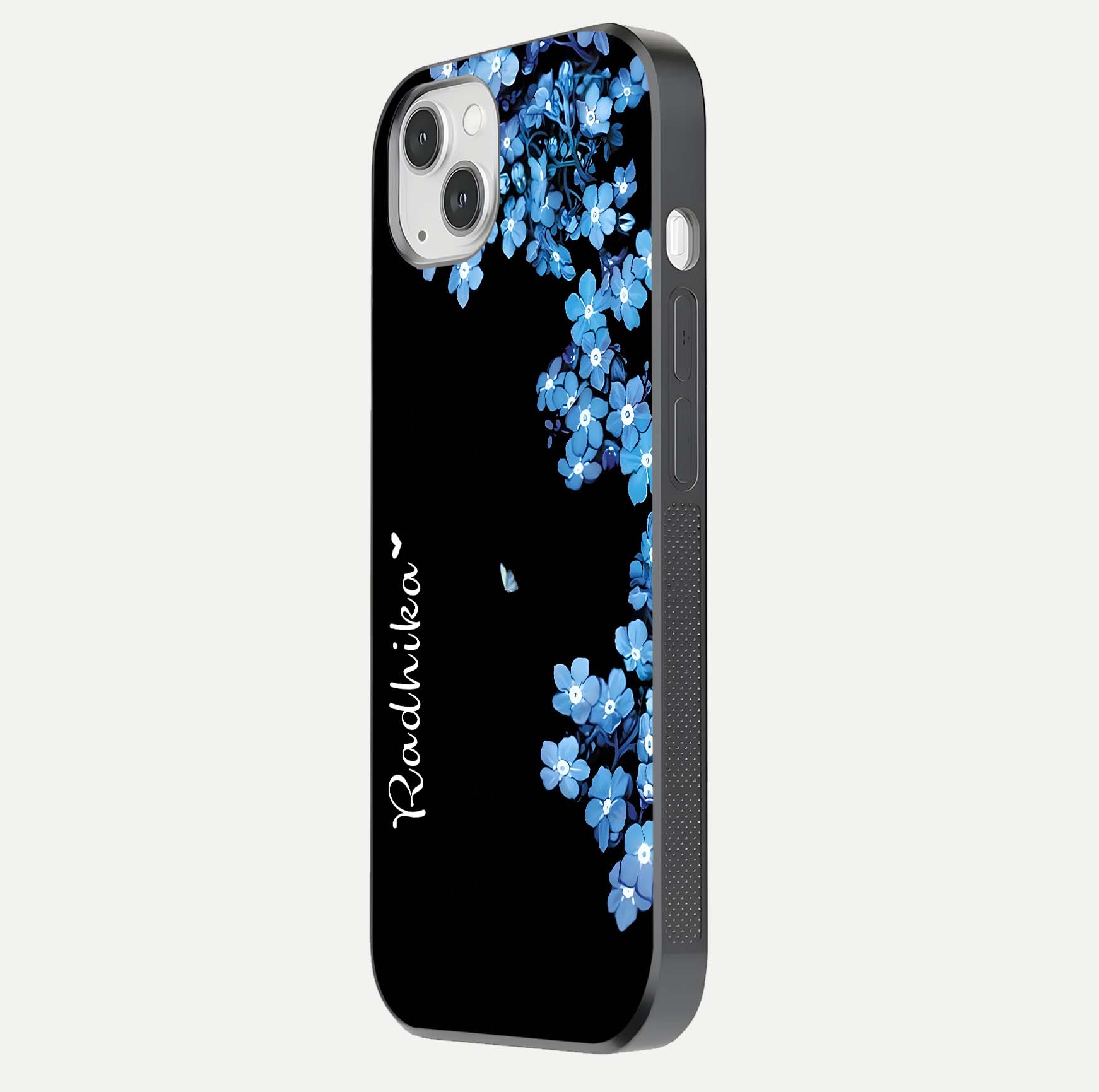 Blue Petal Dream Custom Name Glass Case for iPhone 14 Plus side-angle image showing name print clarity and smooth gloss