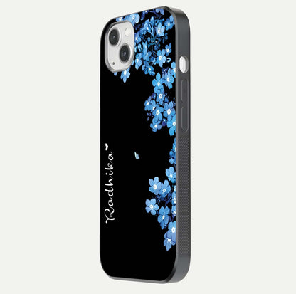 Blue Petal Dream Custom Name Glass Case for iPhone 14 Plus side-angle image showing name print clarity and smooth gloss