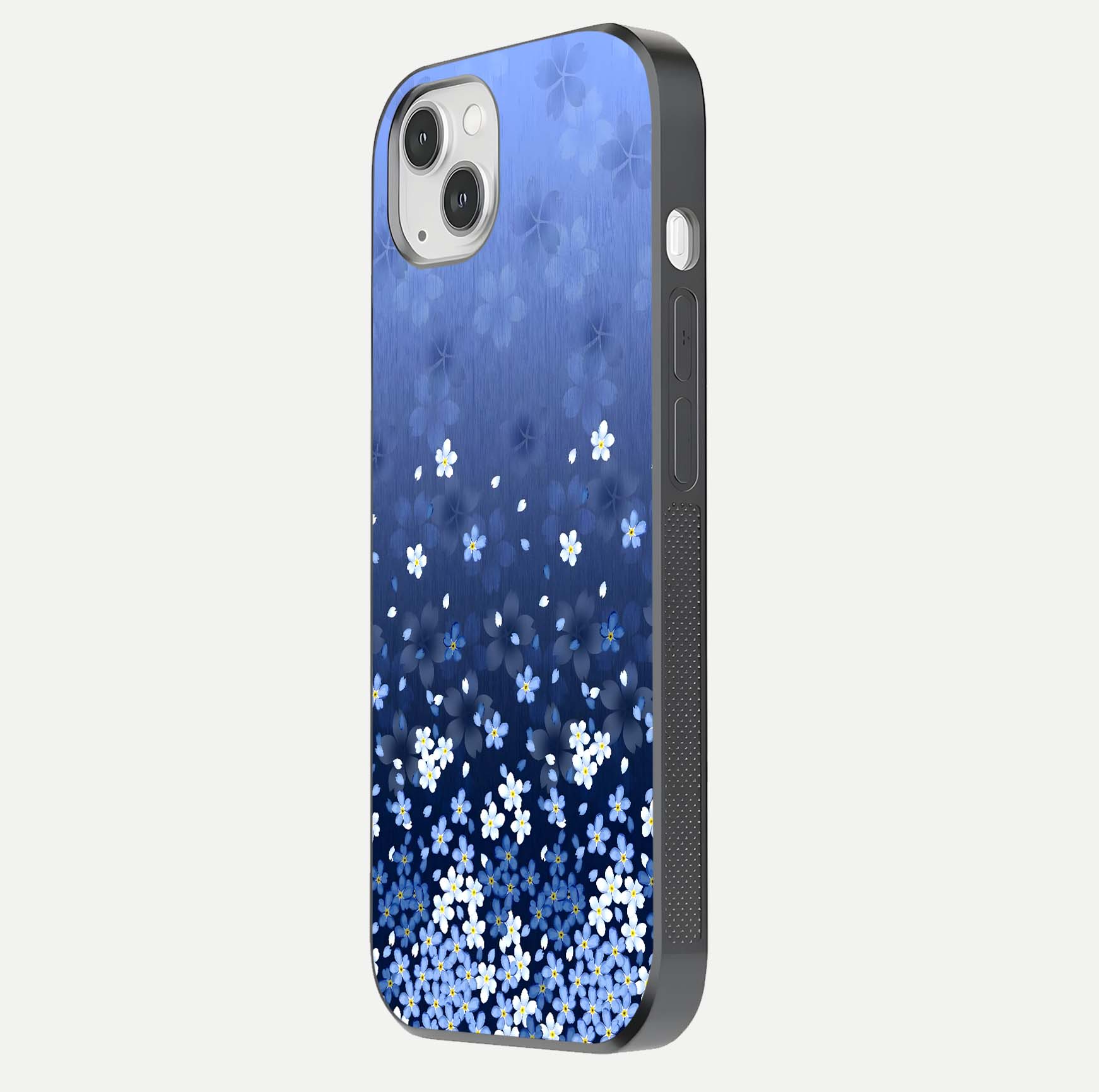 Blue Starry Glass Case for iPhone 14 Plus side-angle photo showing light reflection and detailed star pattern