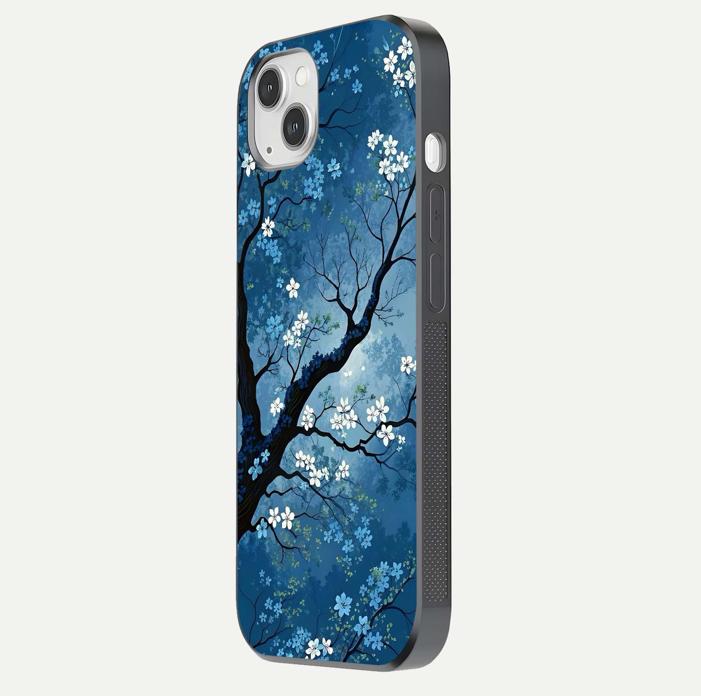 Blue Tree Serenity Glass Case for iPhone 16 Pro side-angle shot showing glossy edge and tree pattern reflection
