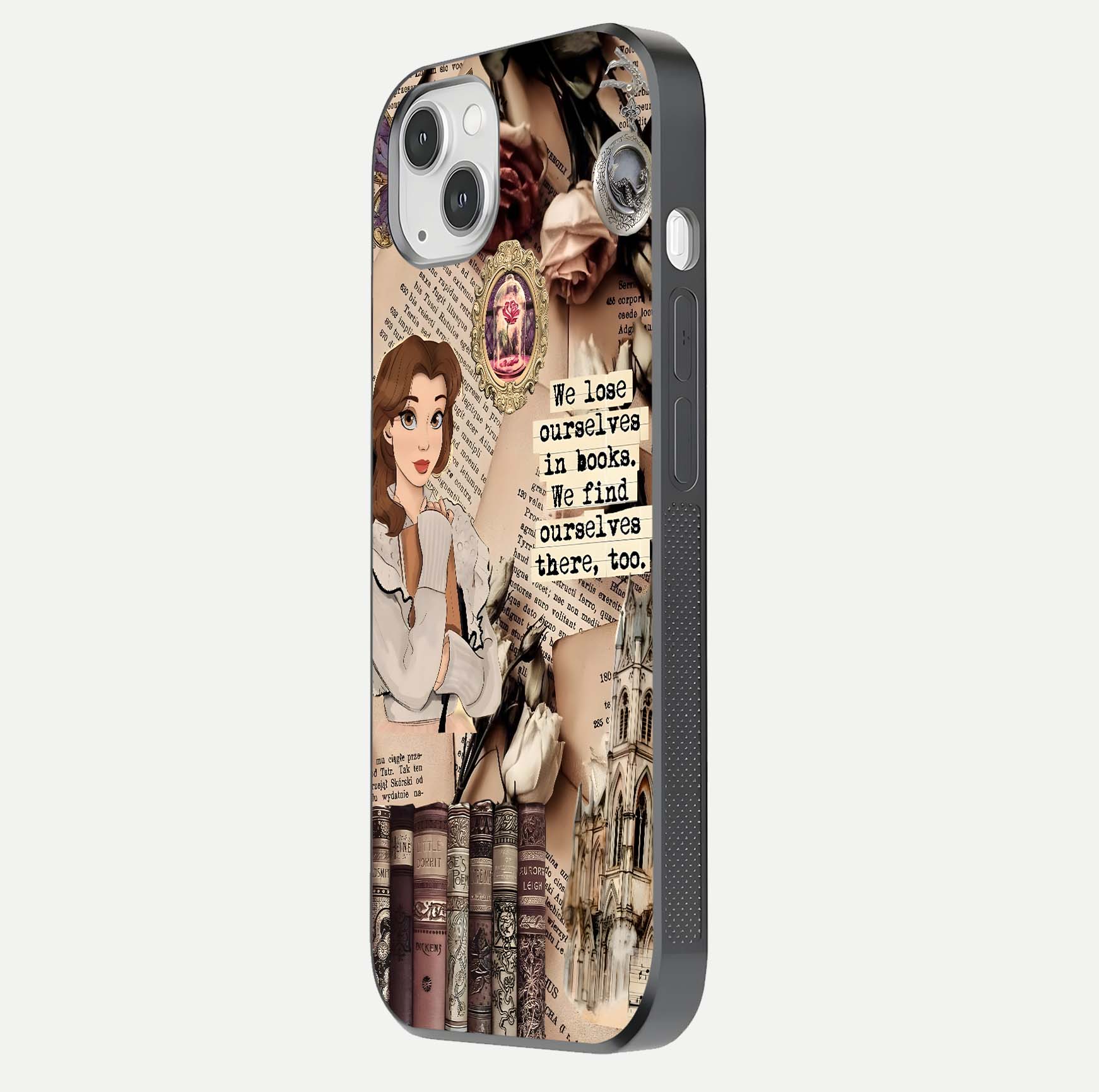 Bookish Dream World Glass Case for iPhone 14 Plus side-angle image showing detail depth and smooth corner polish