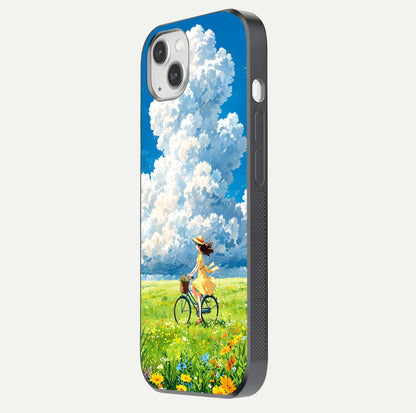 Breezy Meadow Ride Glass Case for iPhone 14 Plus side-angle image showing floral details and edge glow