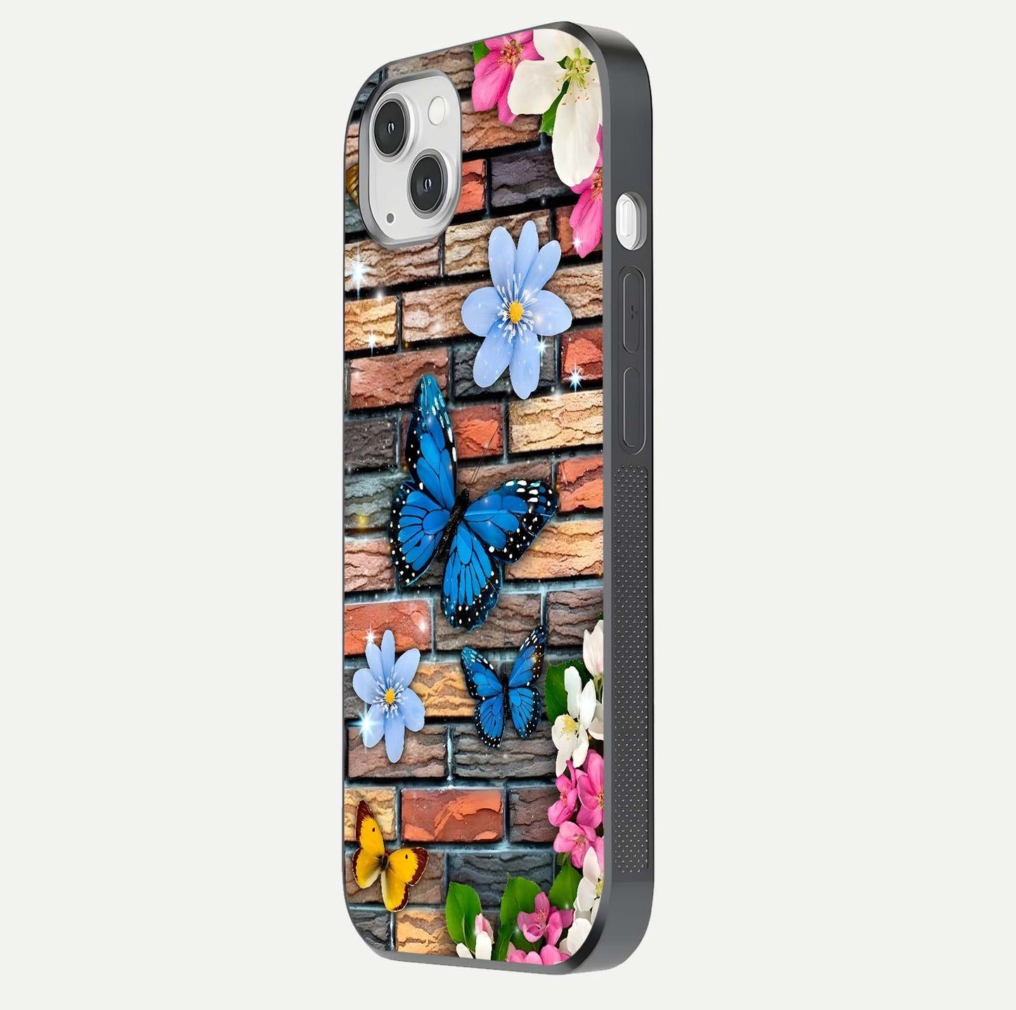 Brick Bloom Flight Glass Case for iPhone 14 Plus side-angle photo showing curve shine and detailed petal contrast