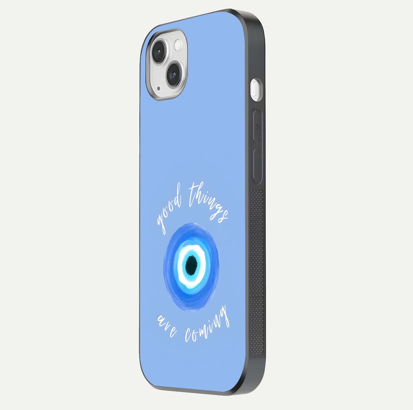 Bright Future Ahead Glass Case for iPhone 14 Plus side-angle image displaying edge smoothness and reflective surface