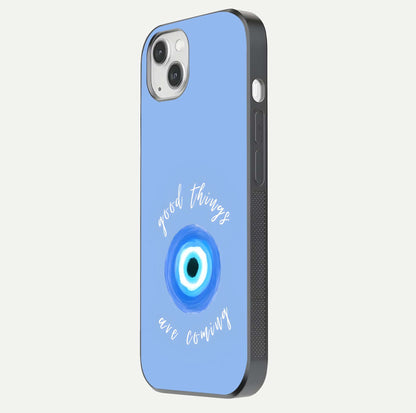 Bright Future Ahead Glass Case for iPhone 14 Plus side-angle image displaying edge smoothness and reflective surface