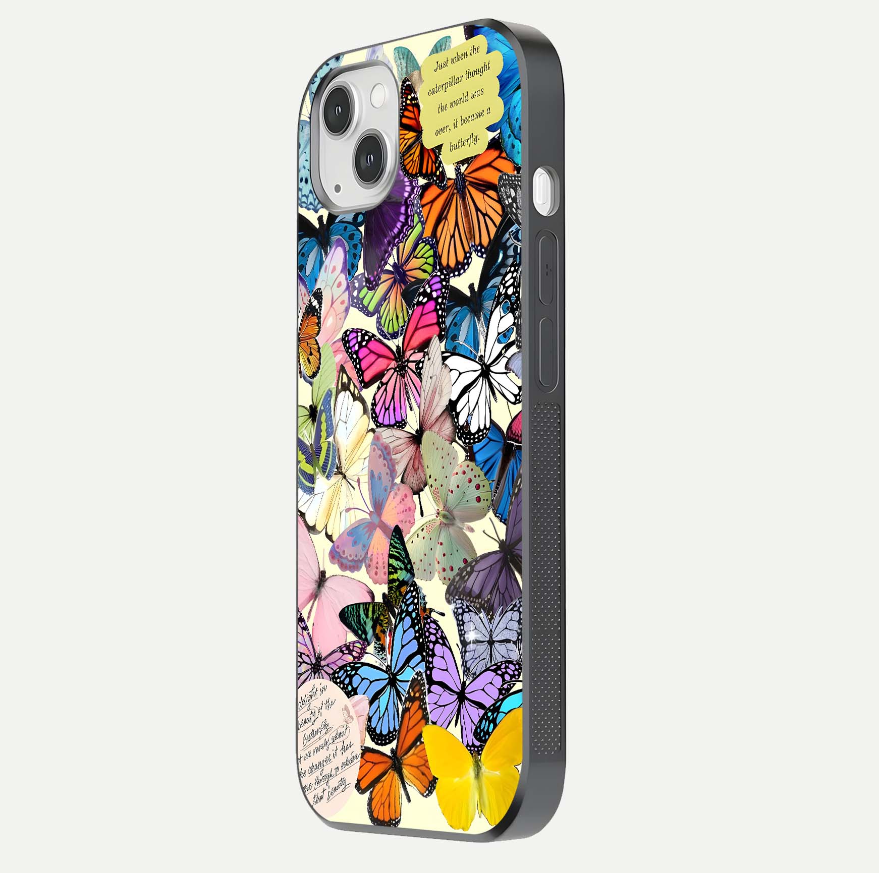 Butterflies Petal Dream Glass Case for iPhone 14 Plus side-angle shot showing butterfly motion and curved edges