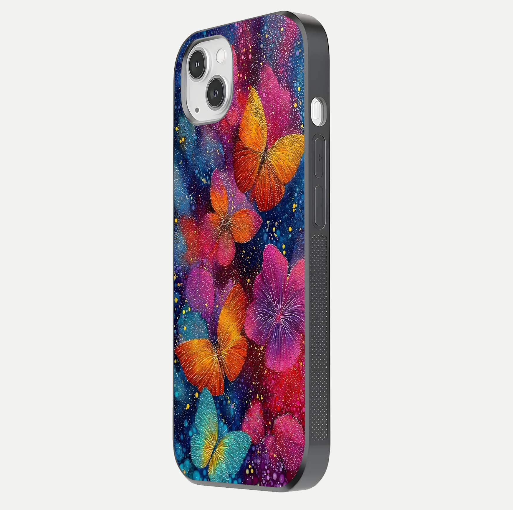 Butterfly Dream Mist Glass Case for iPhone 14 Plus side-angle image showing soft gradient and reflective glow