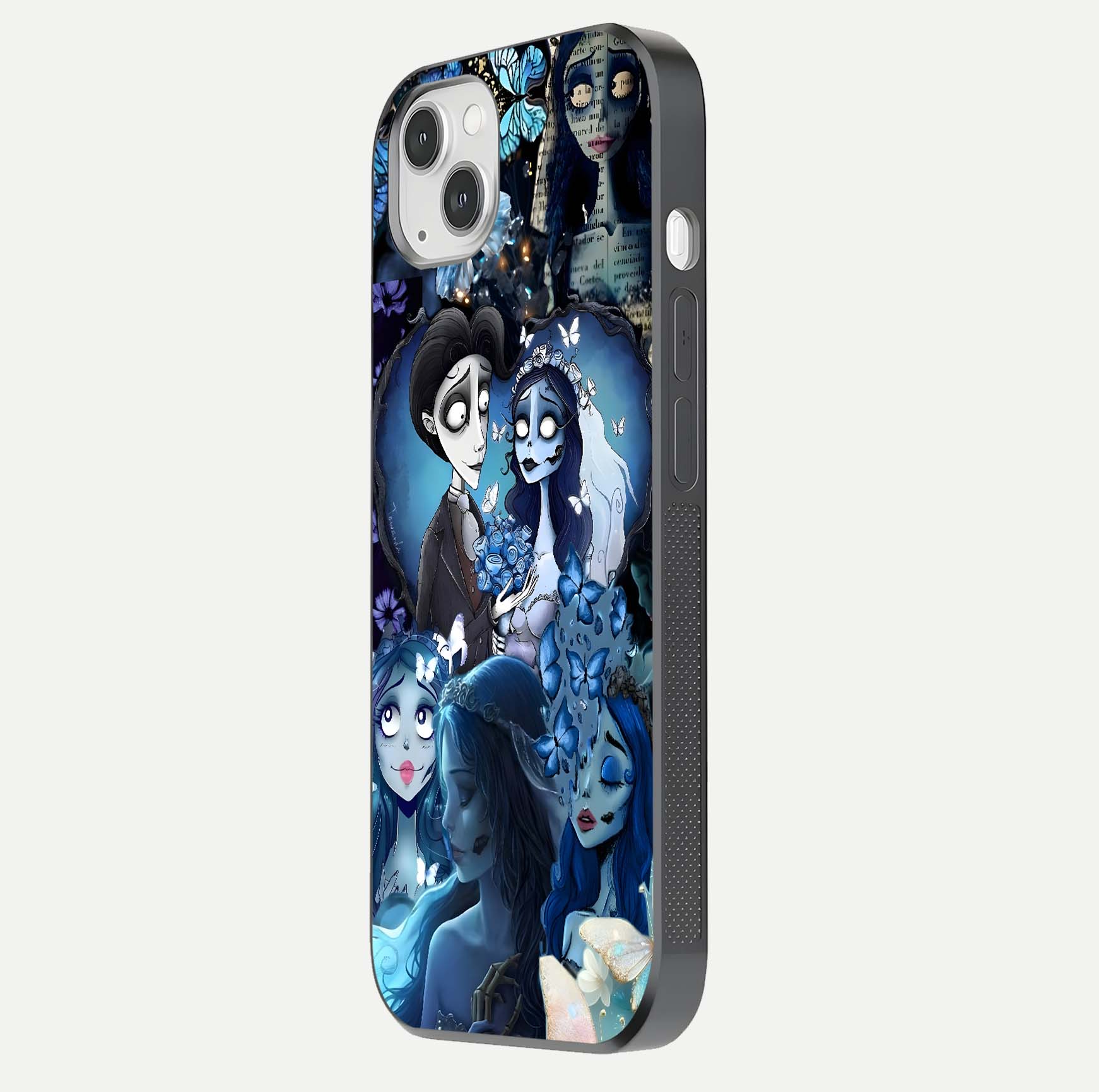 Butterfly Ghost Soul Glass Case for iPhone 14 Plus side-angle image capturing edge light and deep design tones