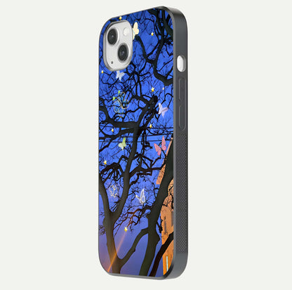 Butterfly Night Magic Glass Case for iPhone 14 Plus side-angle view capturing butterfly contrast and glossy depth