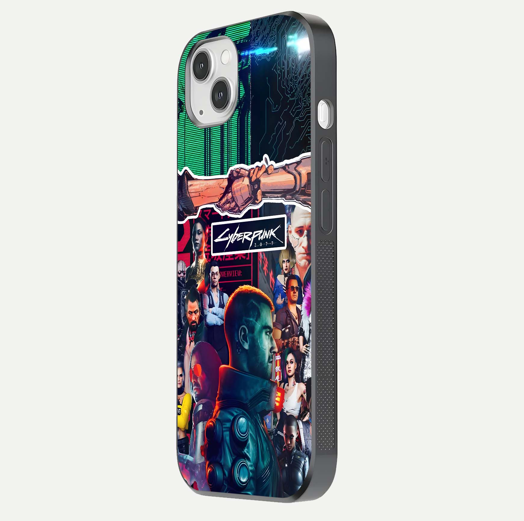 CYBERPUNK Legacy Glass Case for iPhone 14 Plus side-angle photo showing edge glow and reflective surface