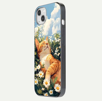 Cat & Flowers View Glass Case for iPhone 14 Plus side-angle image capturing cat print clarity and gloss tone