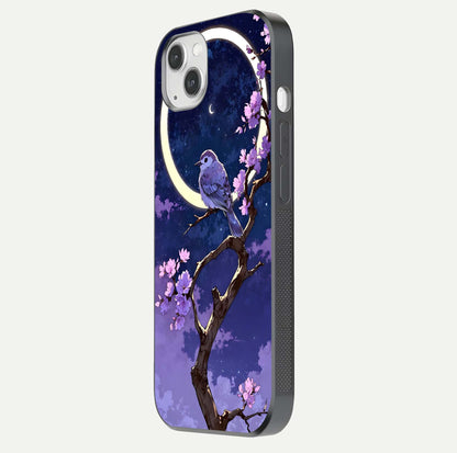 Celestial Bird Blossom Glass Case for iPhone 14 Plus side-angle image showing detailed wings and glossy polish