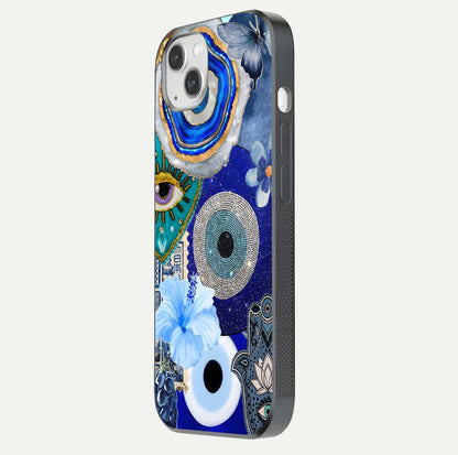 Celestial Blue Vision Glass Case for iPhone 14 Plus side-angle image capturing starlight shimmer and glass reflection
