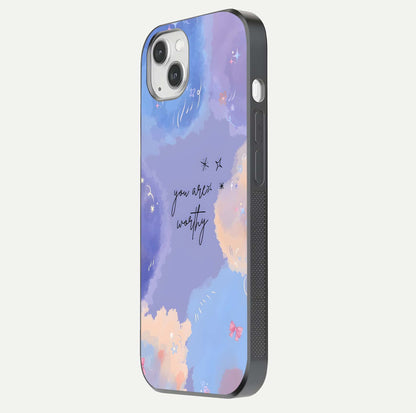Celestial Cloud Magic Glass Case for iPhone 14 Plus side-angle photo showing edge reflection and dreamy texture