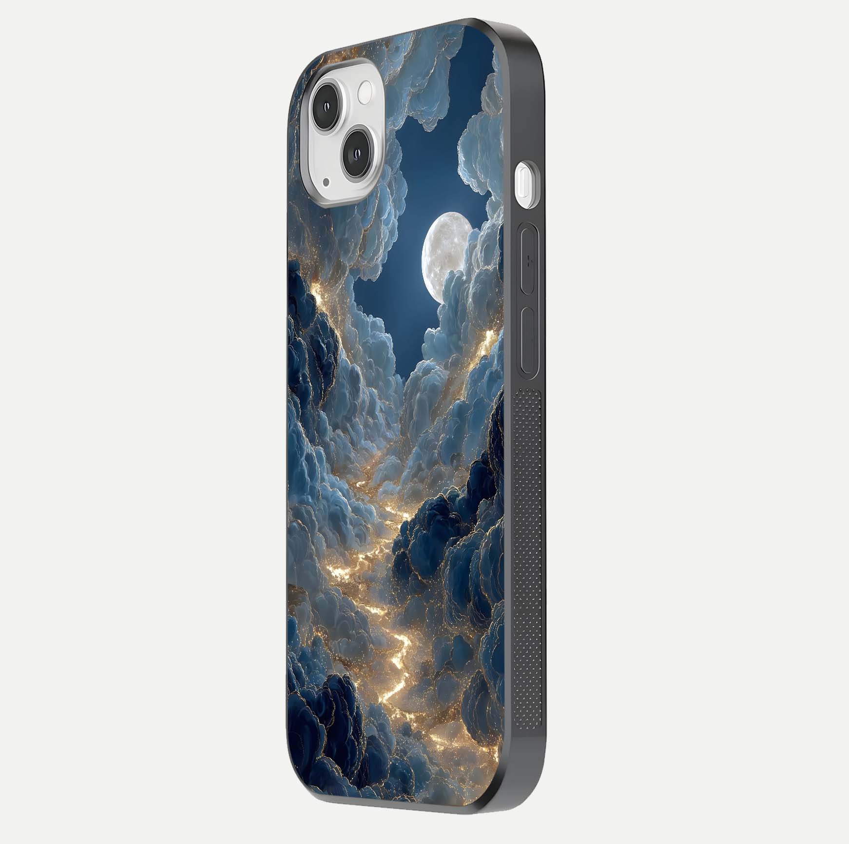 Celestial Cloud Road Glass Case for iPhone 14 Plus side-angle image showing soft pastel tones and edge clarity