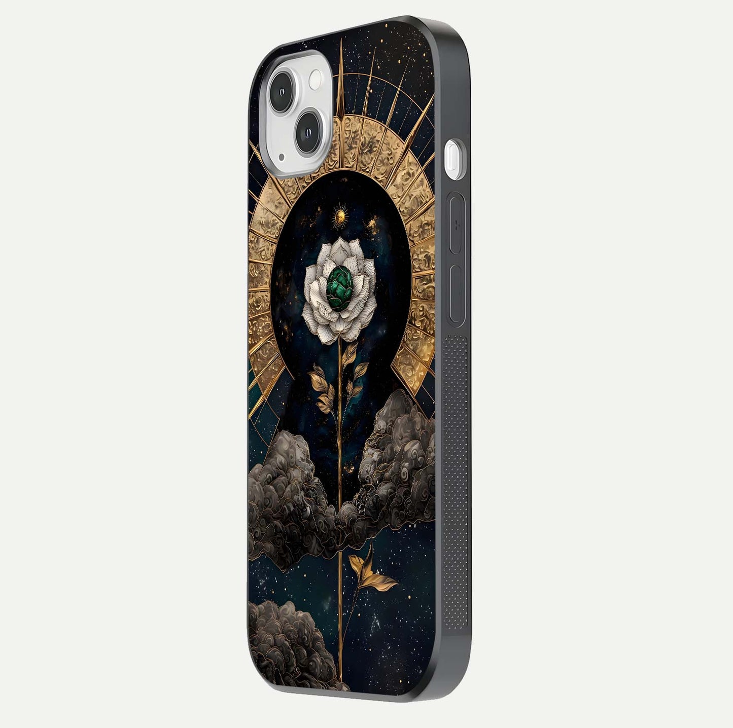 Celestial Lotus Morang Glass Case for iPhone 14 Plus side-angle image capturing shine and smooth curvature