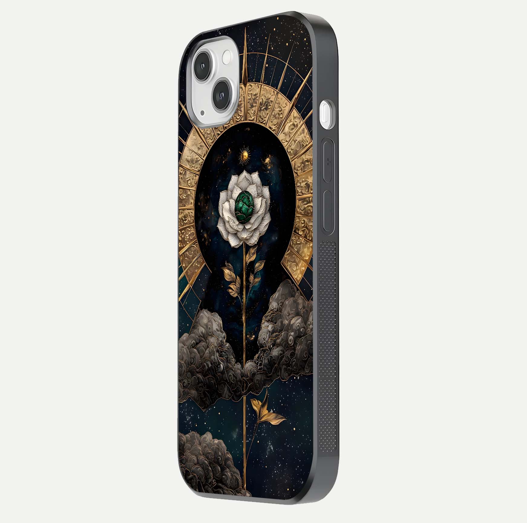 Celestial Lotus Morang Glass Case for iPhone 14 Plus side-angle image capturing shine and smooth curvature