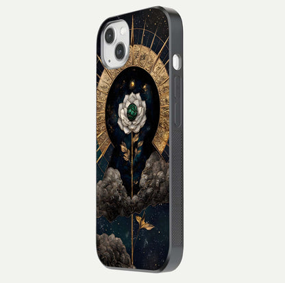 Celestial Lotus Morang Glass Case for iPhone 14 Plus side-angle image capturing shine and smooth curvature