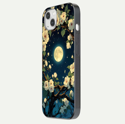 Celestial Moon & Flower Glass Case for iPhone 14 Plus side-angle image showing edge smoothness and glow reflection