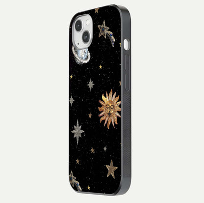 Celestial Moon With Stars Glass Case for iPhone 14 Plus side-angle view showing curved edges and shimmer glow