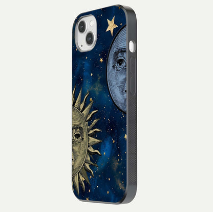 Celestial Moon With Sun Glass Case for iPhone 14 Plus side-angle image showing reflection tones and cosmic edge
