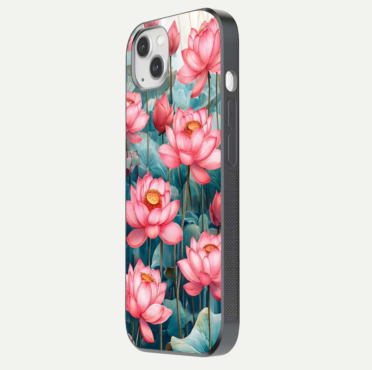 Celestial Pink Lotus Glass Case for iPhone 14 Plus side-angle image showing reflective shine and petal curve