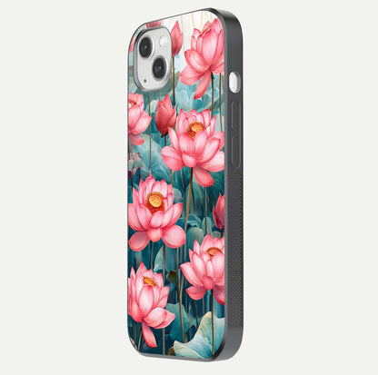 Celestial Pink Lotus Glass Case for iPhone 14 Plus side-angle image showing reflective shine and petal curve