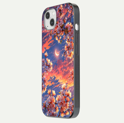 Celestial Sakura Sunset Glass Case for iPhone 14 Plus side-angle image showing edge glow and petal texture