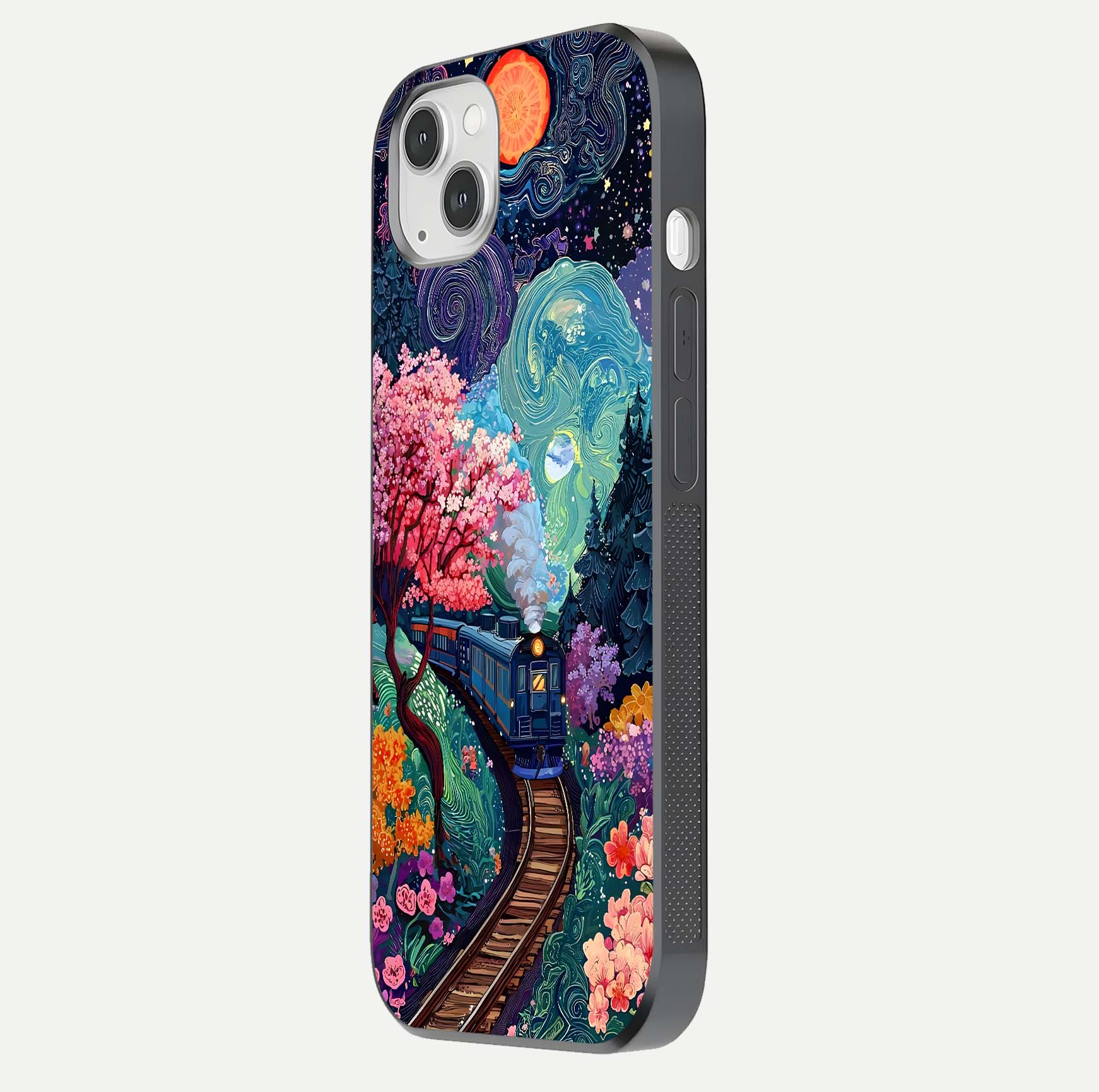 Celestial Train Journey Glass Case for iPhone 14 Plus side-angle image showing polished curve and HD print detail