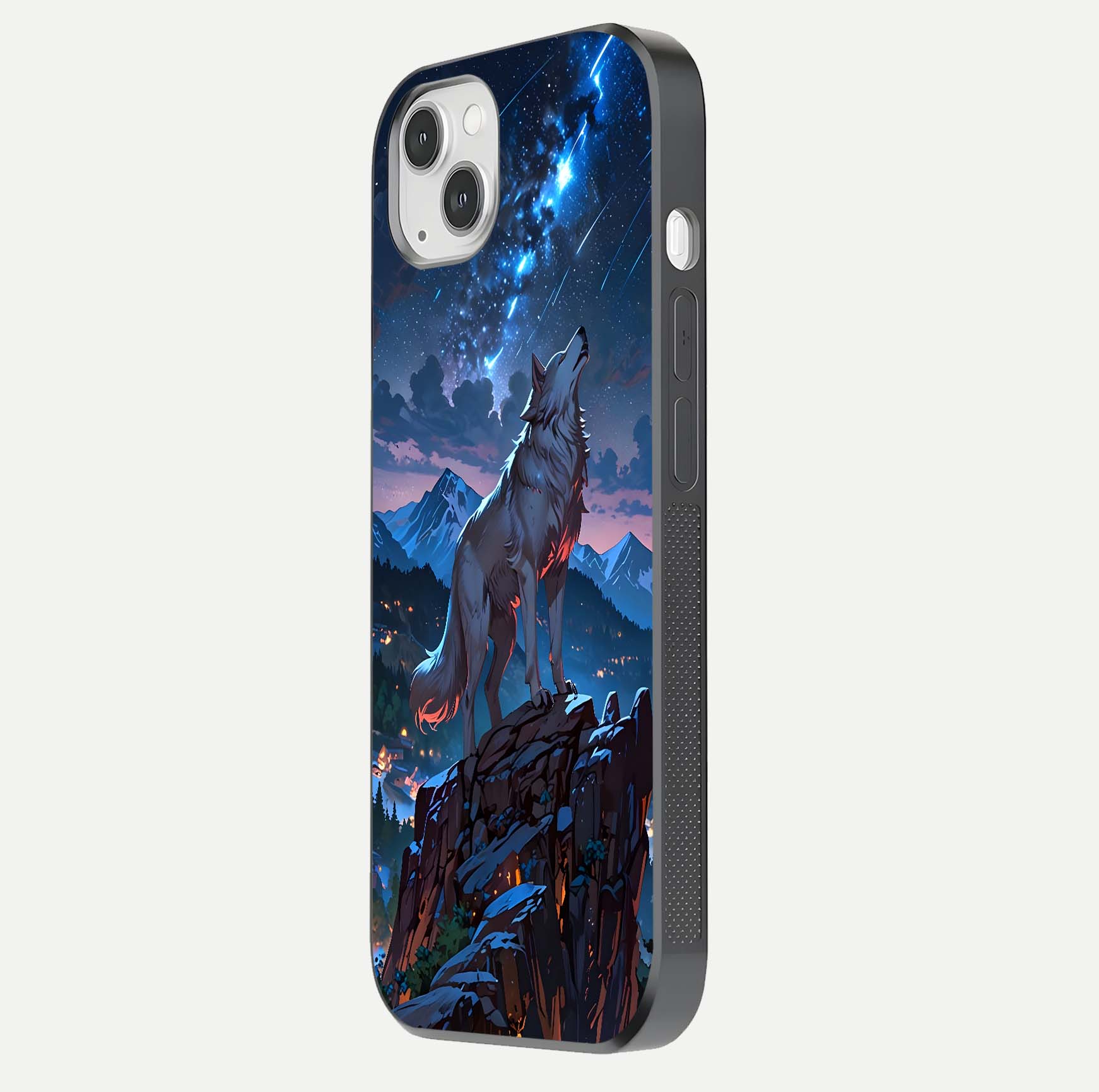 Celestial Wolf Howl Glass Case for iPhone 14 Plus side-angle image showing curve polish and moon glow